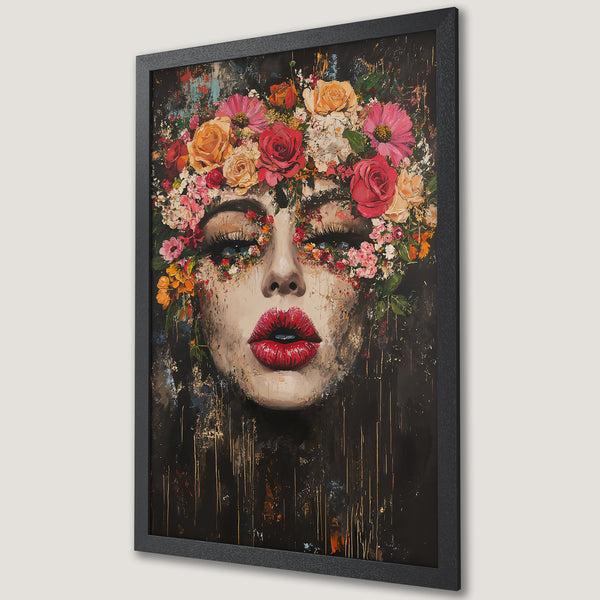 Framed Poster of a woman with floral crown in a dark, expressive style with a warm color palette.