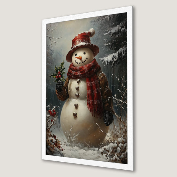 Framed Poster of a charming snowman in a winter scene. Rustic style with red, brown, and white color palette. Perfect holiday decor.