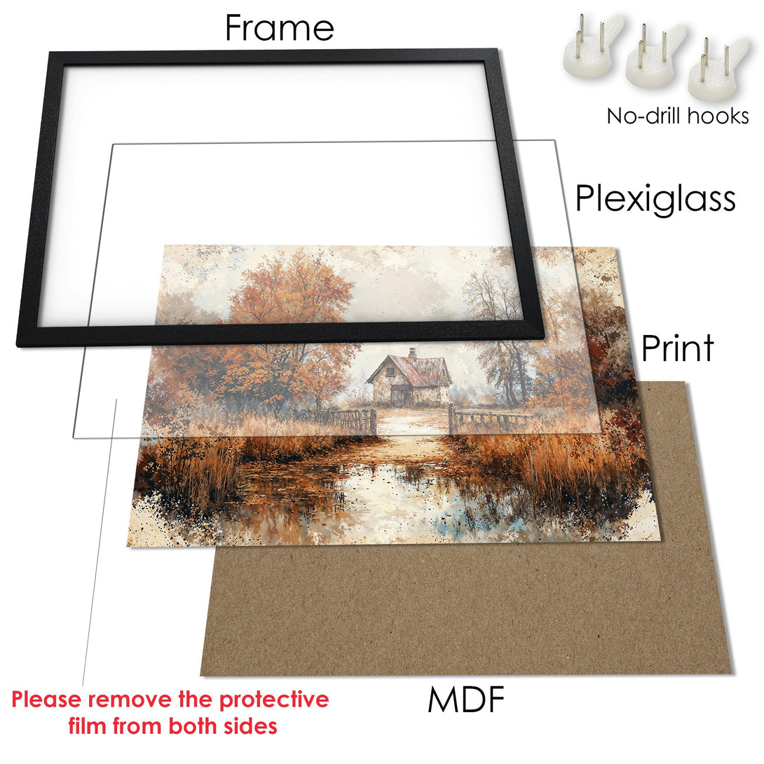 Framed Poster of a rustic cabin scene in warm autumn tones. Perfect art for your home!