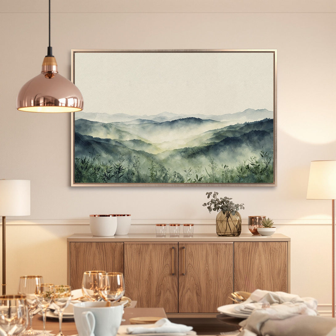 Framed Wall Art: Watercolor mountain landscape in serene blues and greens. Perfect for adding a touch of nature to your home decor.