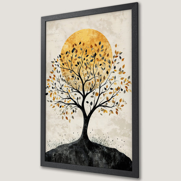 Framed Poster featuring an abstract tree with a golden sun, in earthy tones. Perfect wall art for any space.