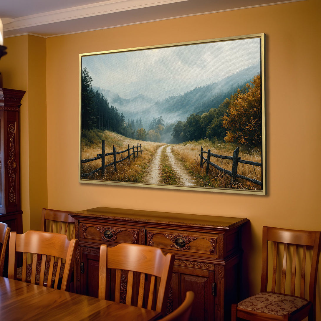 Canvas Print of a misty mountain landscape in a rustic style with a warm, earthy color palette. Perfect for adding a touch of nature to your home.
