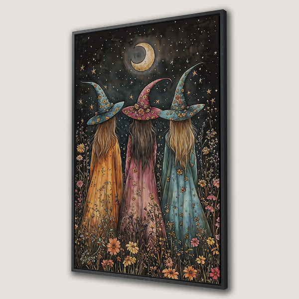 Framed Wall Art featuring three witches under a starry night sky. Watercolor style with a warm, earthy color palette. Perfect for adding a touch of magic!