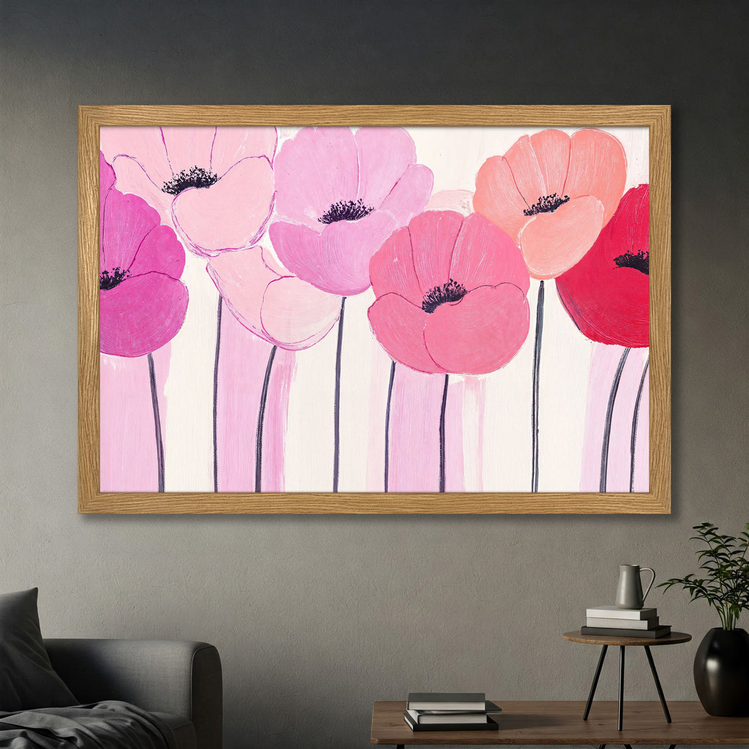 Framed Poster featuring vibrant pink poppy flowers in a modern, abstract style. Beautiful floral art with a pink color palette.