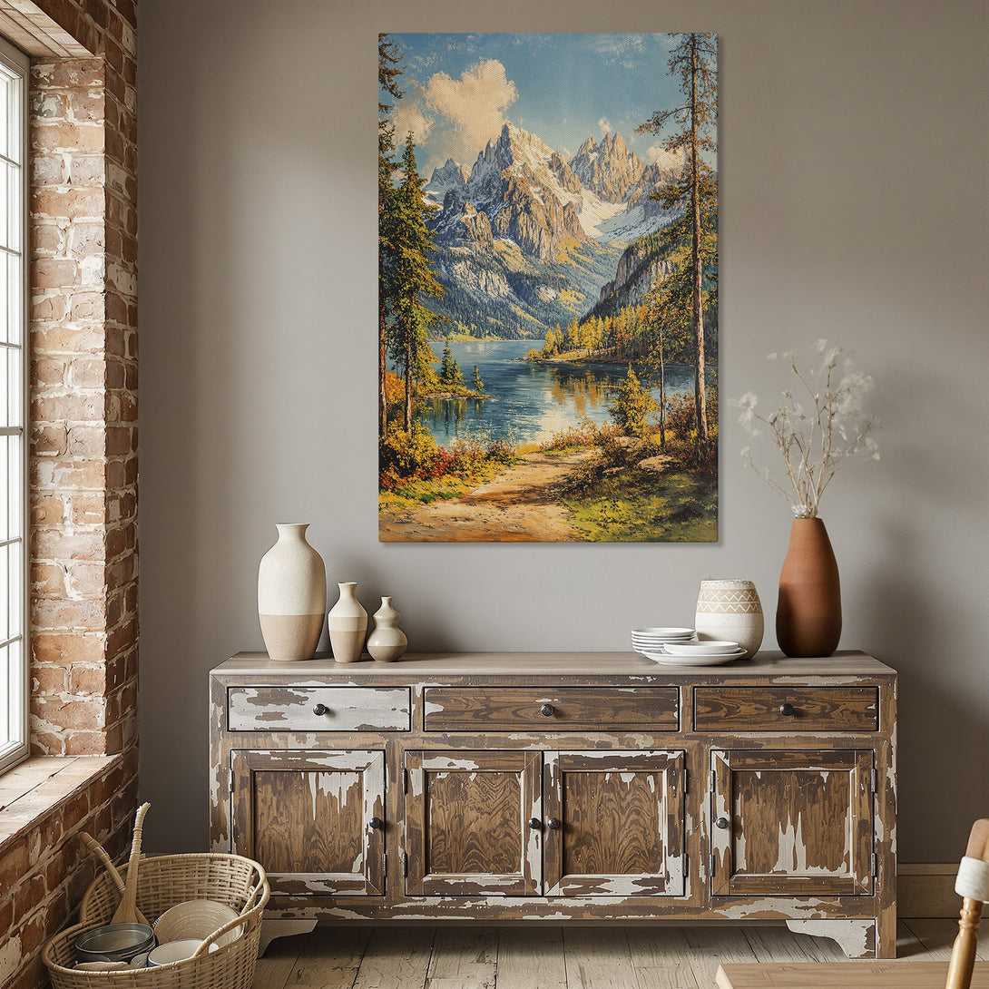 Framed Wall Art: Mountain lake landscape canvas print in a gold frame. Earthy tones of blue, green, and gold enhance any dining room decor. Shop now!