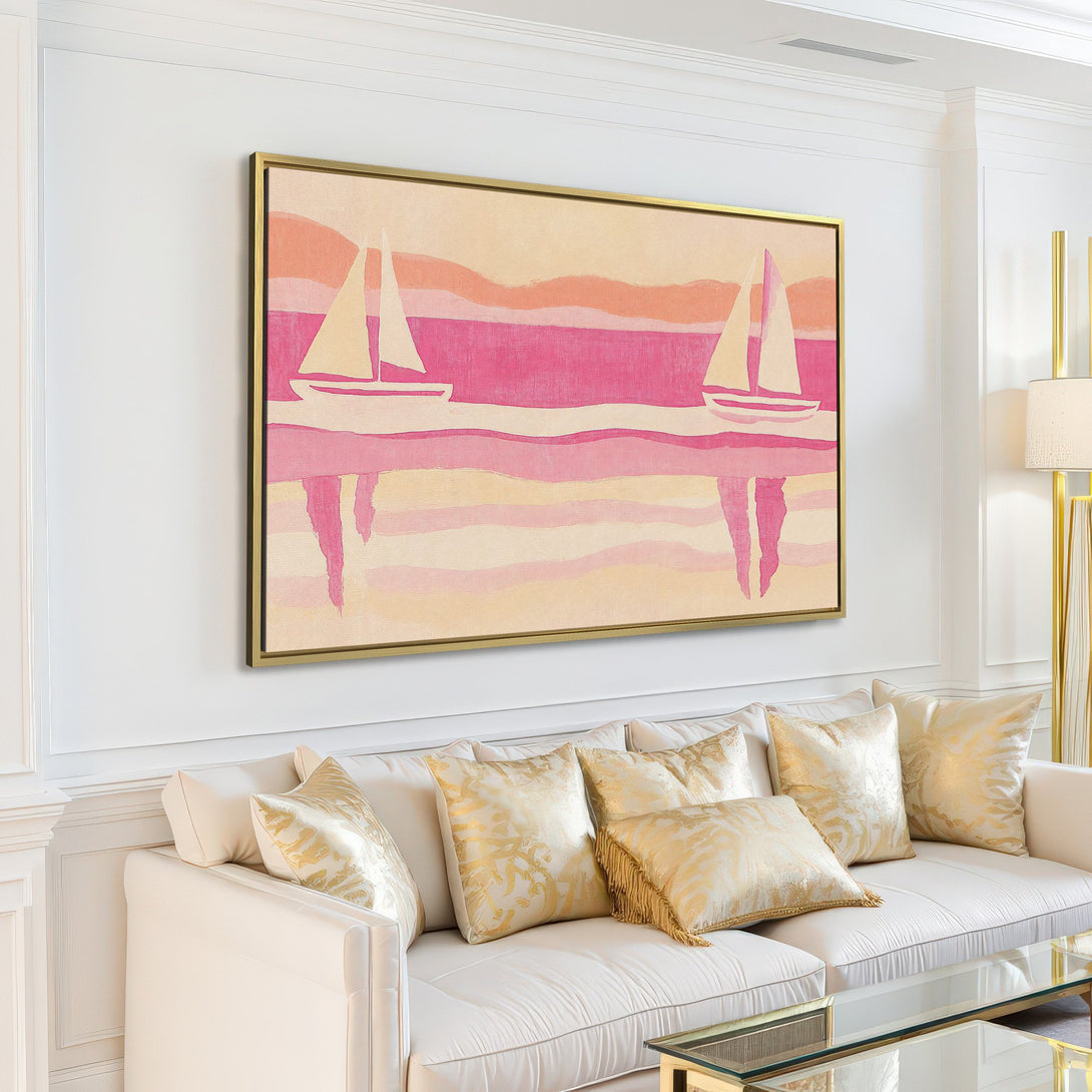 Canvas Print: Abstract sailboats in pink & beige. Modern art style, perfect for coastal decor. Add a pop of color to your living room!
