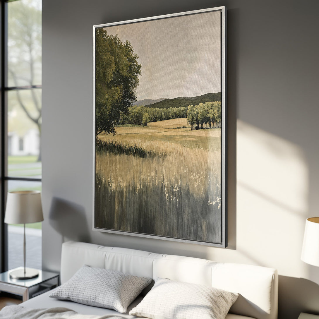 Framed Wall Art: Landscape Canvas Print in neutral tones. Serene artwork featuring a field and trees, perfect for adding a touch of nature to your home decor.