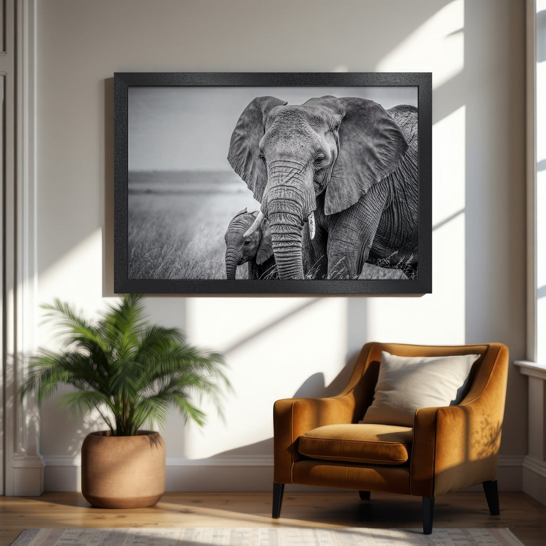 Framed Poster featuring a stunning black and white elephant portrait. Modern art print for home decor. Neutral color palette.