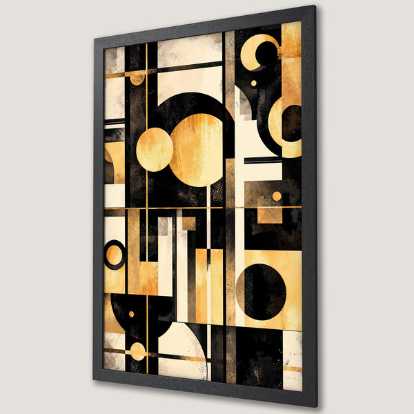Framed Poster featuring abstract geometric art in black, gold, and cream. Modern wall decor for your home.