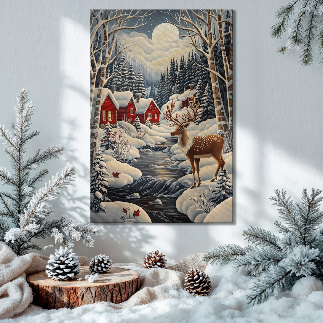 Framed Wall Art: Winter landscape canvas print with deer, red cabins, and snowy trees. Warm, inviting colors perfect for holiday decor.