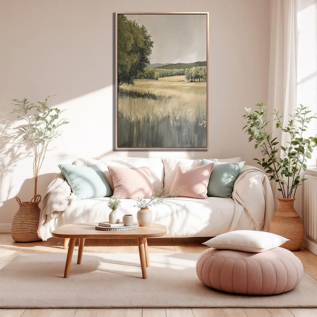 Framed Wall Art: Landscape Canvas Print in neutral tones. Earthy, minimalist style with a soft, muted color palette. Perfect for adding a touch of nature to your space.
