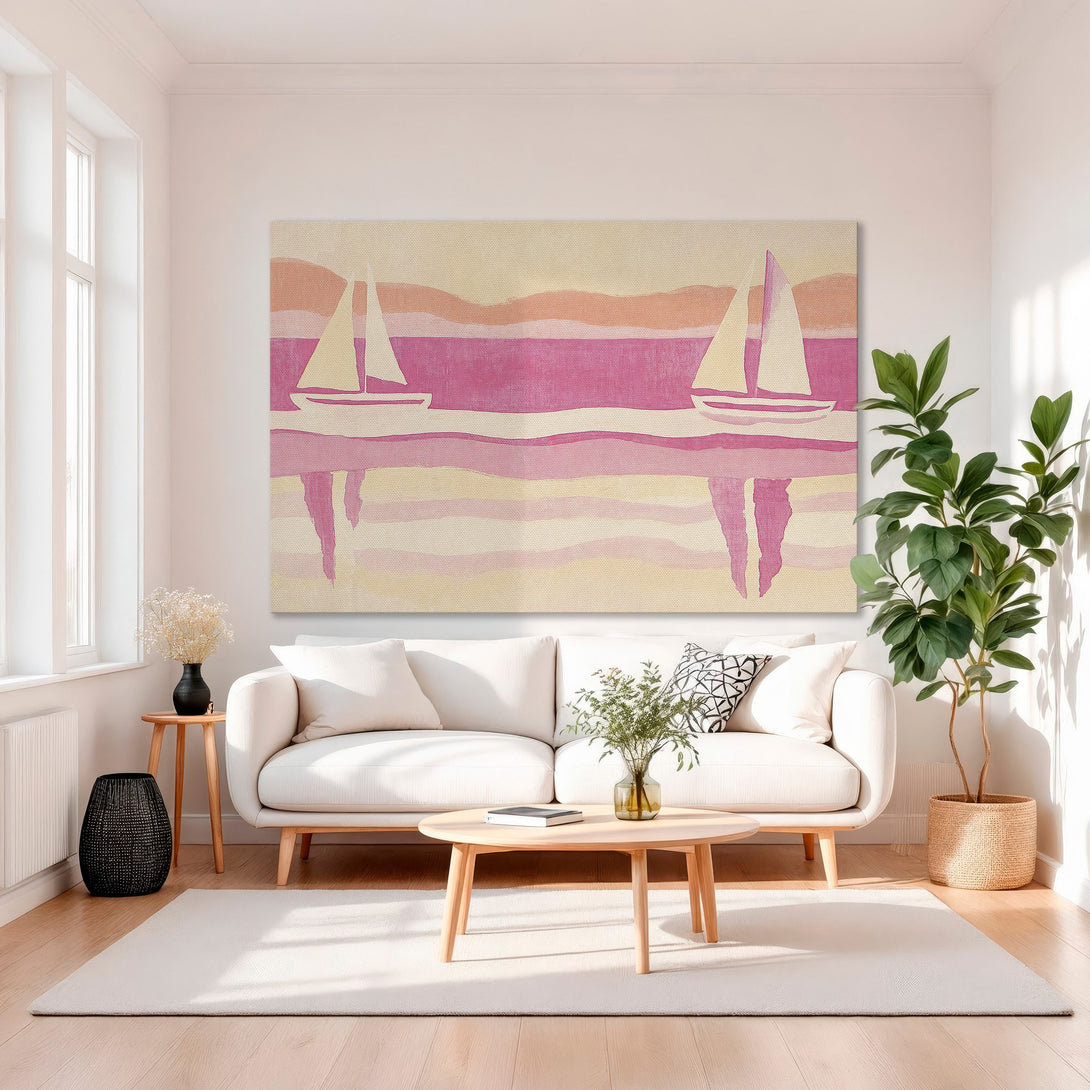 Framed Wall Art: Abstract sailboat scene in pink and peach hues. Adds a touch of coastal charm to any living room. Shop now!