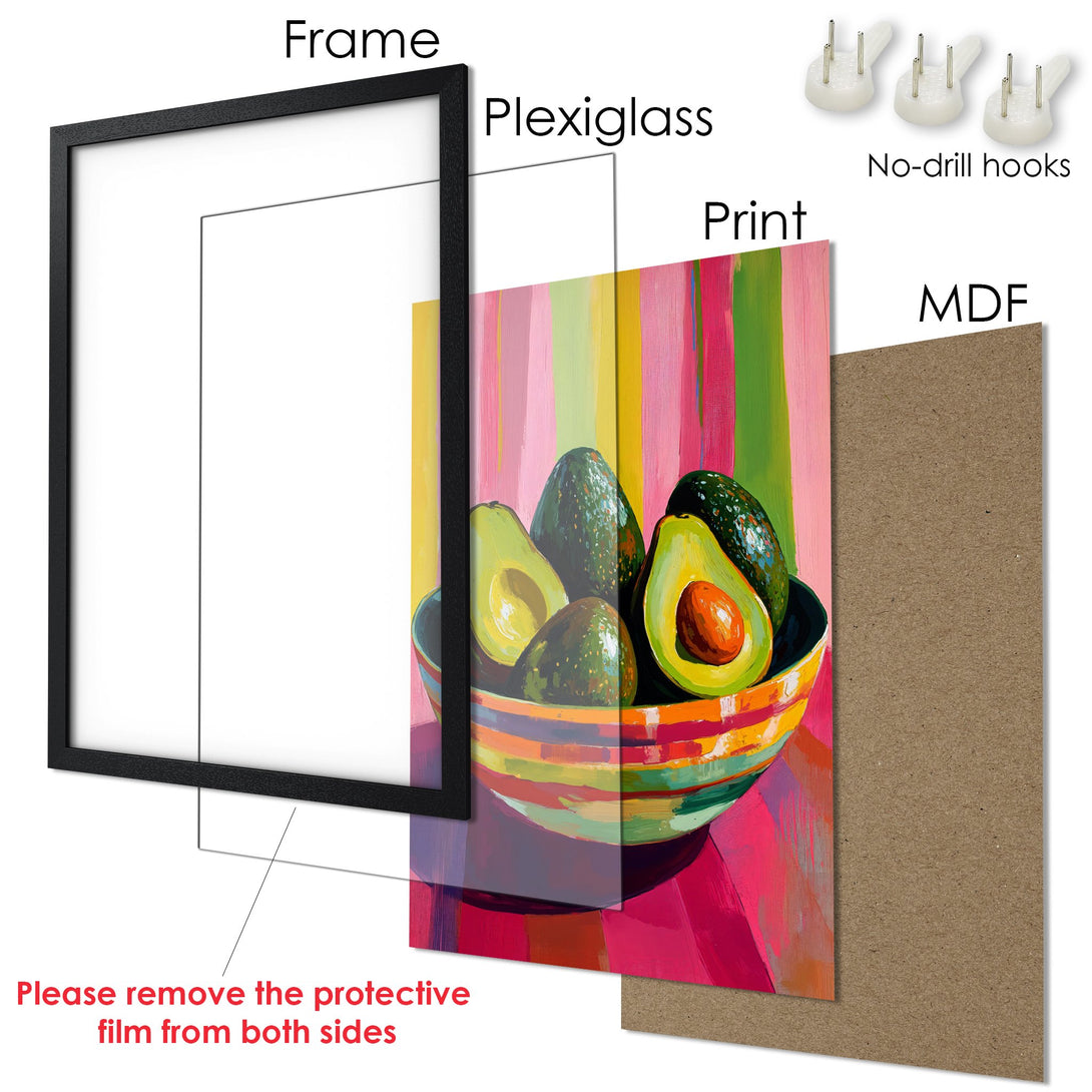 Framed Poster featuring a colorful avocado still life. Modern art style with a vibrant pink, green, and yellow palette. Perfect wall decor!