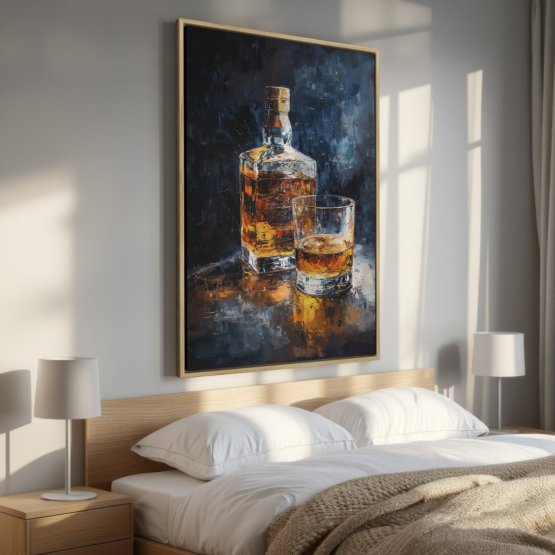 Framed Wall Art: Abstract painting of whiskey bottle and glass in rich, warm tones. Perfect for home decor, this canvas print adds a touch of luxury.