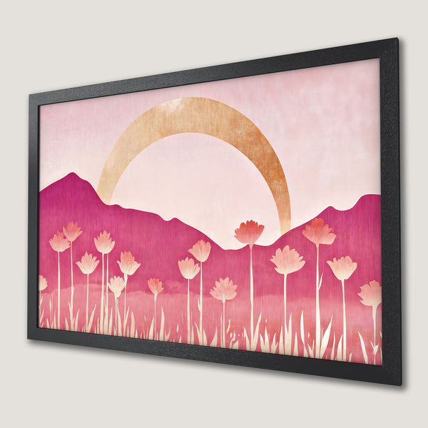 Framed Poster featuring a floral landscape in a modern style with a pink and gold color palette.