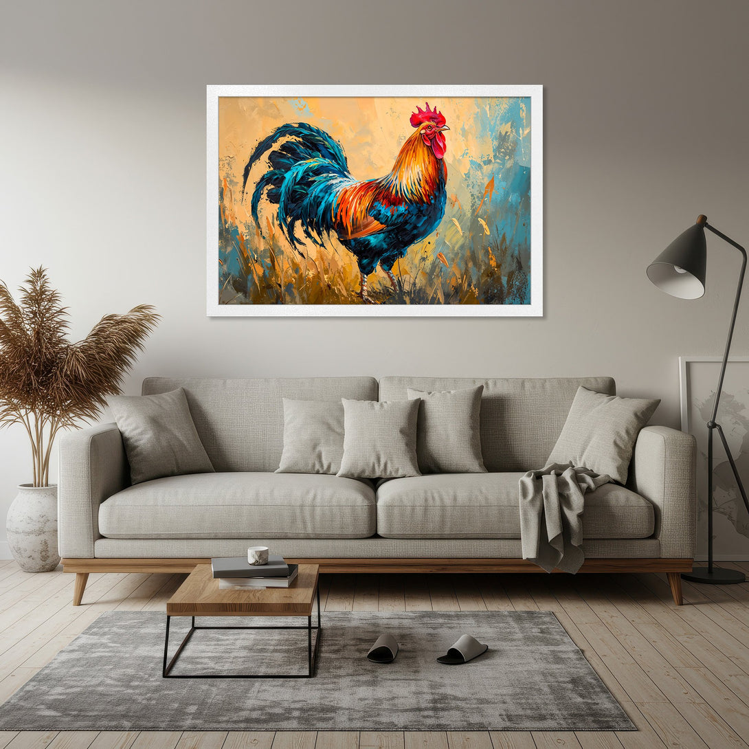 Framed Poster of a vibrant rooster in an abstract style, showcasing a bold color palette of blue, orange, and yellow. Perfect wall art!