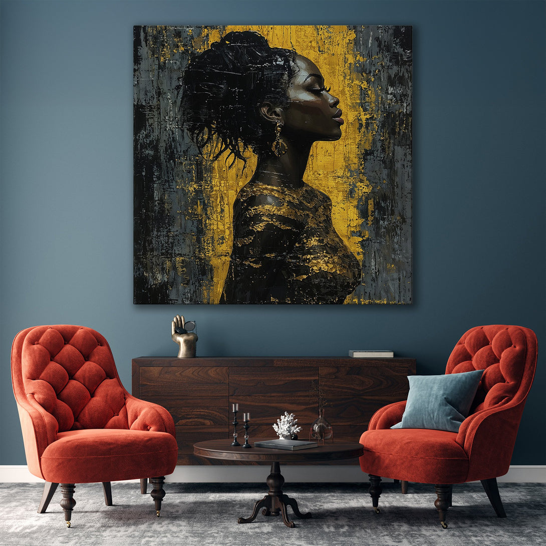 Framed Wall Art featuring an abstract portrait of a woman in gold, black, and gray. Modern art piece adds elegance to any living room.