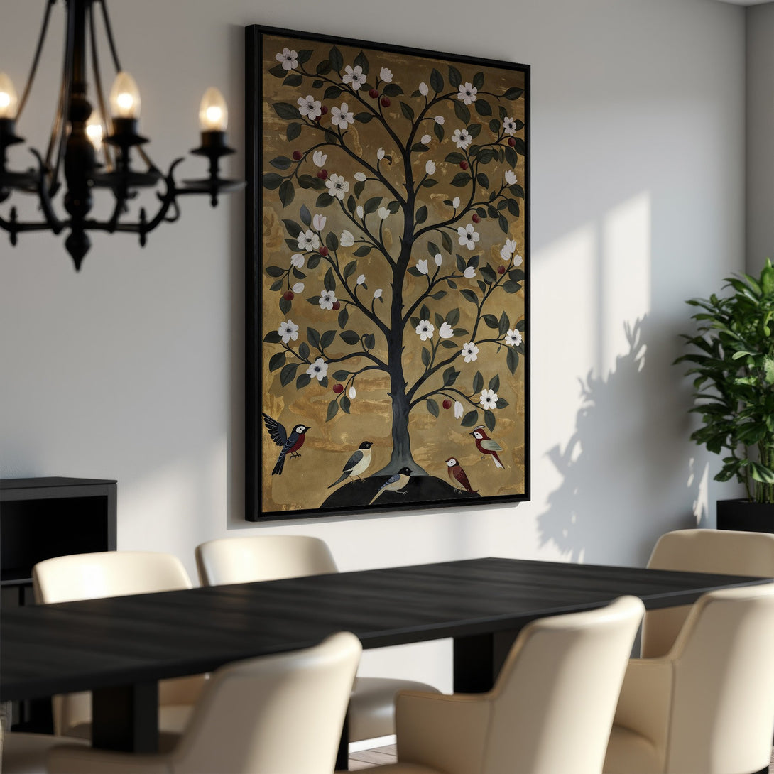 Framed Wall Art featuring a tree with birds in a gold and black color palette, perfect for adding elegance to your dining room.