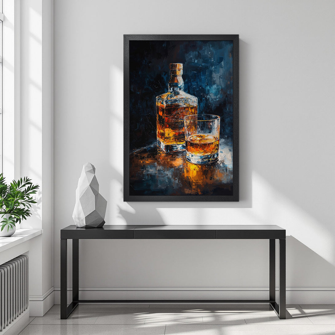 Framed Poster featuring whiskey bottle & glass art. Dark blue & orange palette, perfect for home decor. Enhance your space with this stylish Poster.