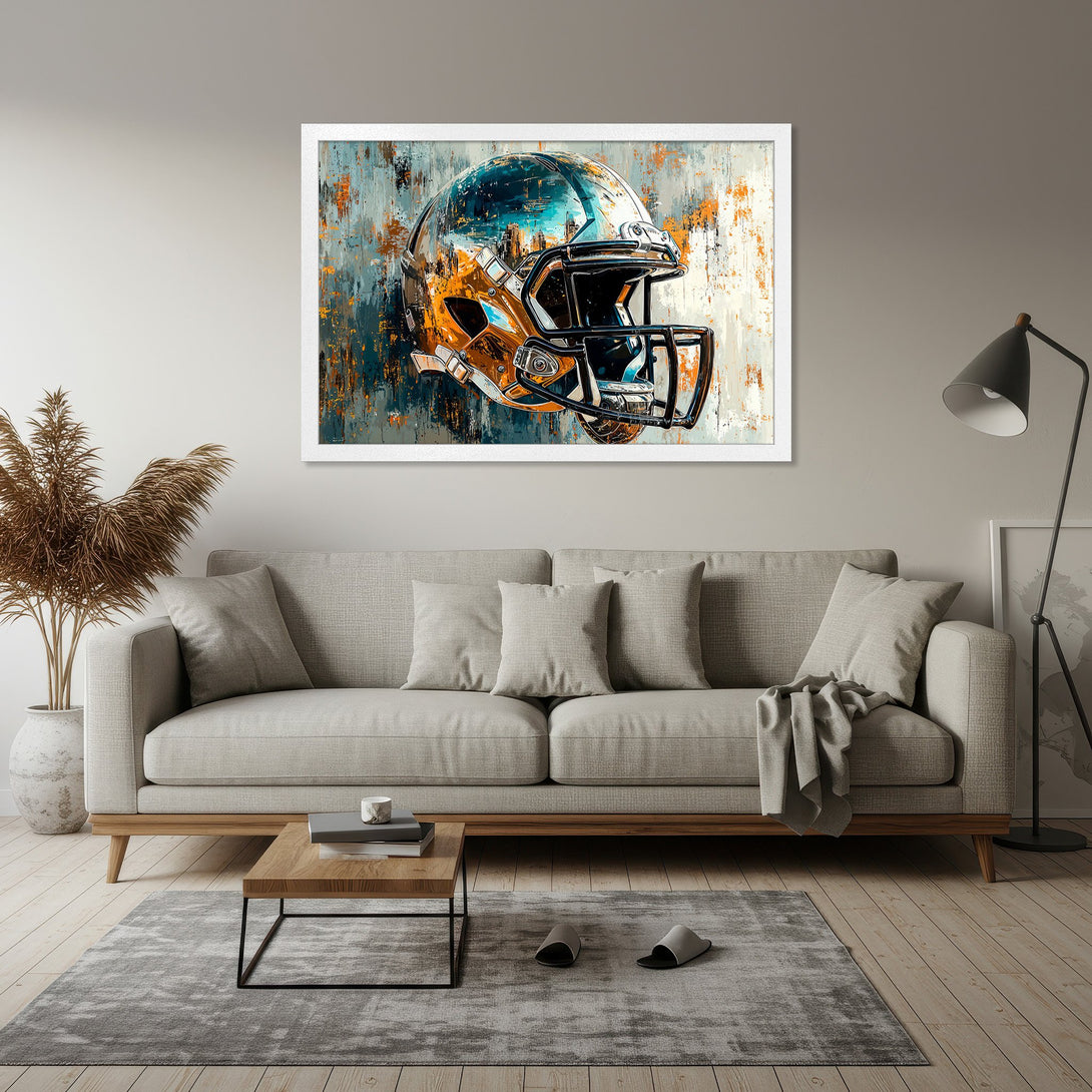 Framed Poster of a football helmet, abstract art style, featuring a teal, orange, and gray color palette. Perfect wall decor!