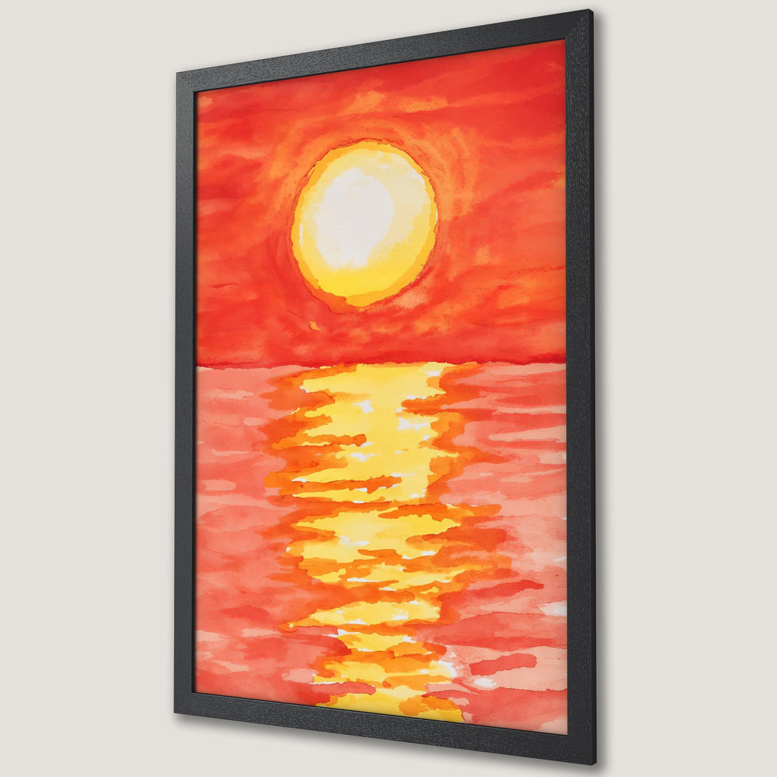 Framed Poster: Watercolor sunset art print in vibrant red, yellow, and orange hues. Perfect for adding warmth and style to any space.