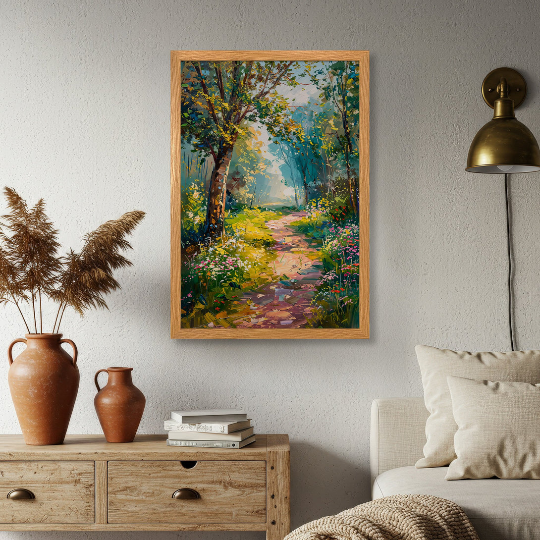 Framed Poster of a vibrant forest path painting. Impressionistic style with green, yellow, and blue hues. Bring nature's beauty indoors!