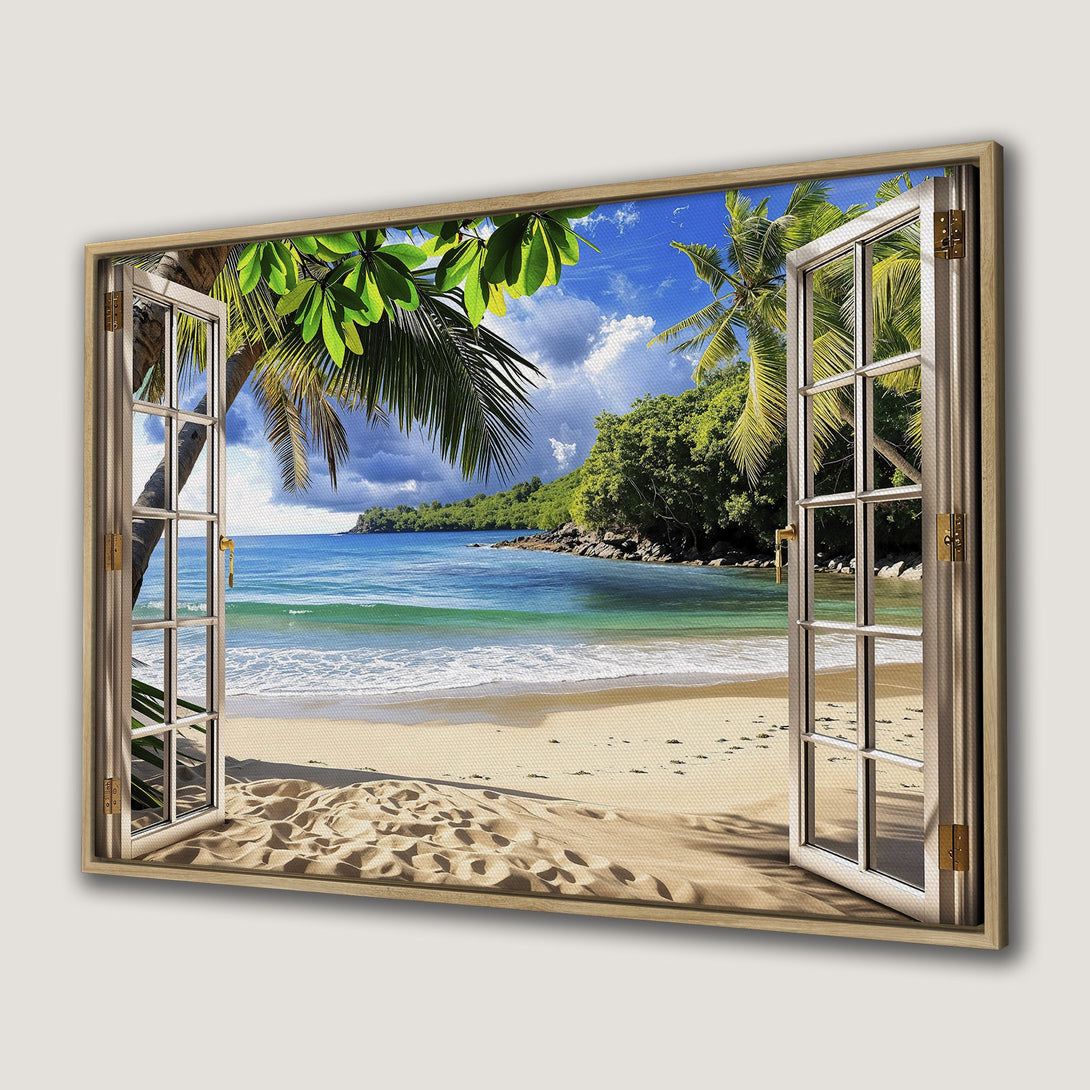 Framed Wall Art: Tropical beach scene with blue ocean, green palms, and sandy shore. Bring paradise home with this vibrant canvas print!