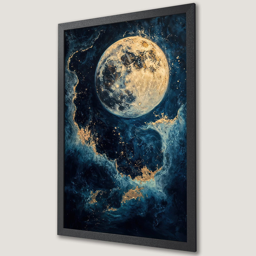 Framed Poster featuring a celestial moon art print in blue and gold. Perfect wall decor for any space.