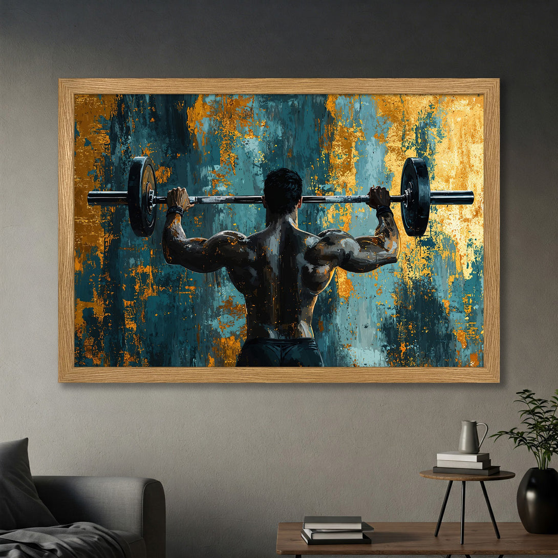 Framed Poster: Abstract art of a bodybuilder lifting weights. Teal, gold, and black color palette. Perfect for gym or home decor.
