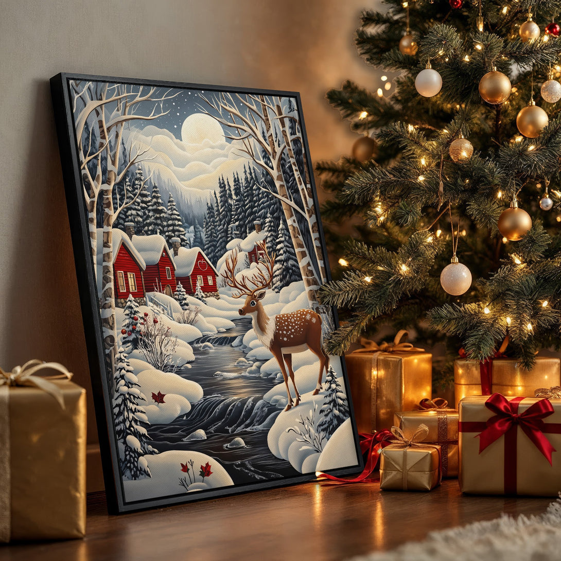 Framed Wall Art: Winter landscape with red cabins, deer, and snowy river. Cozy art in a blue, white, and red color palette, perfect for Christmas decor.