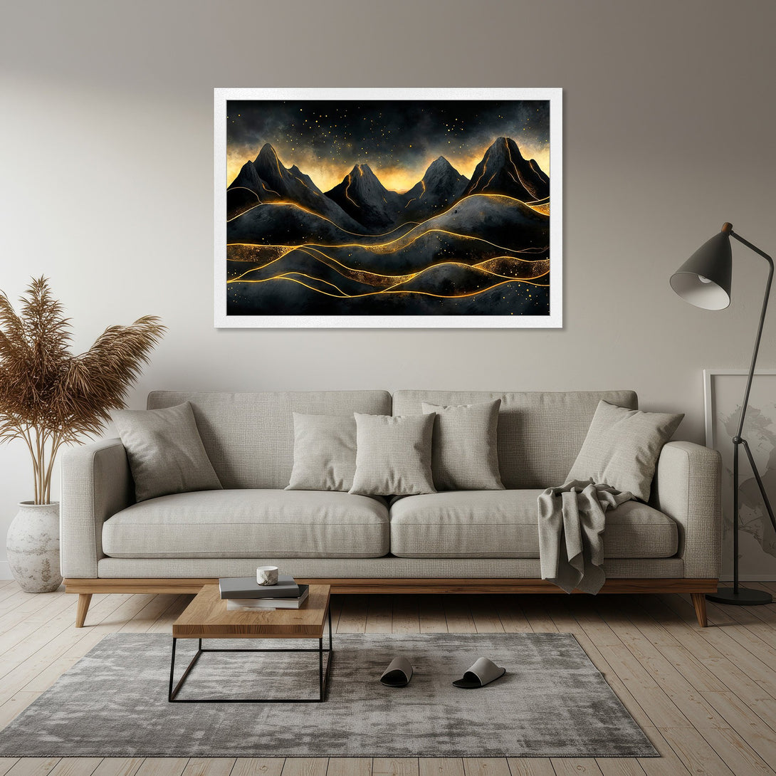 Framed Poster featuring abstract mountain landscape art. Modern style with black, gold, and neutral color palette. Elevate your space!