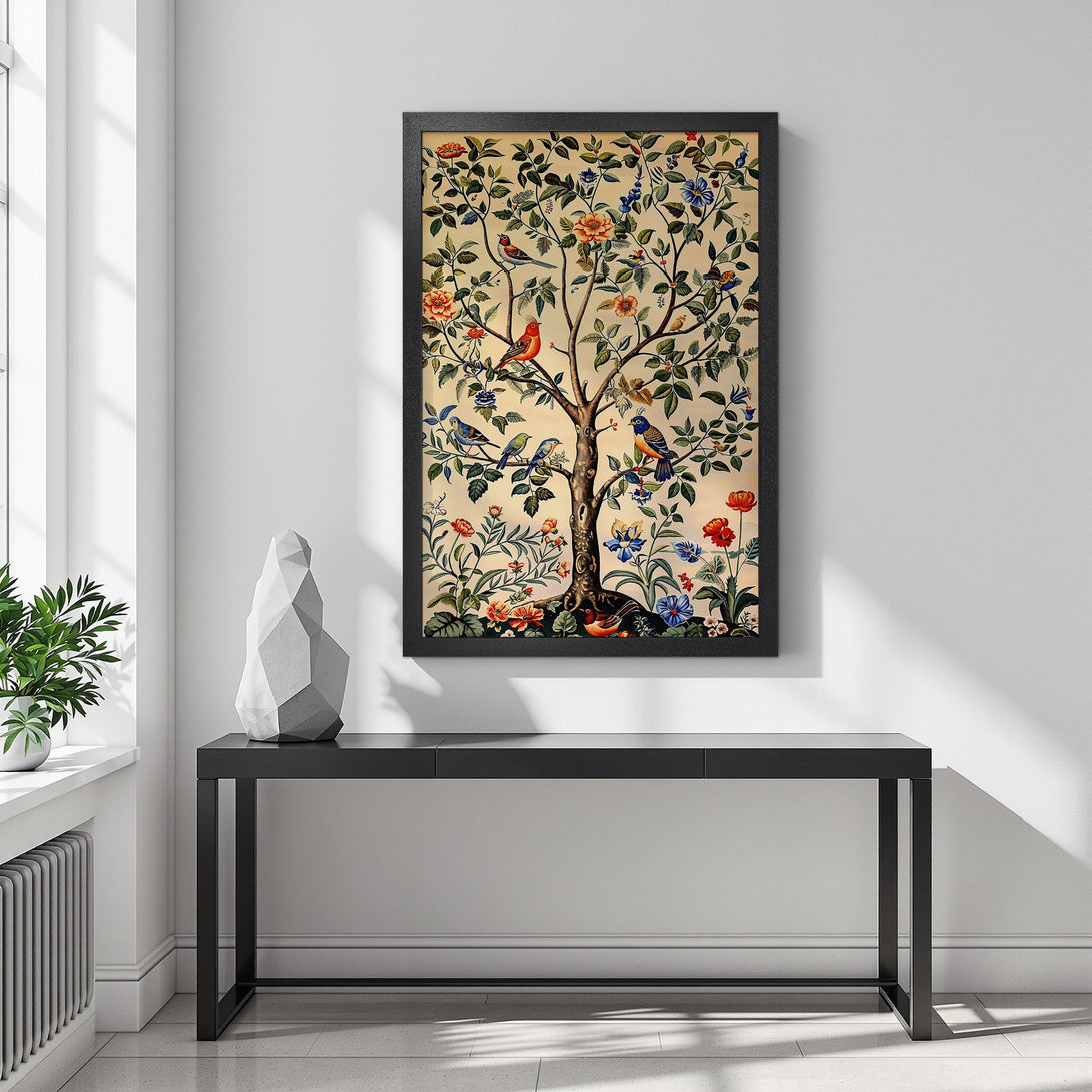 Framed Poster featuring a vintage tree and birds design. Warm, inviting color palette perfect for home decor. Add art to your walls!