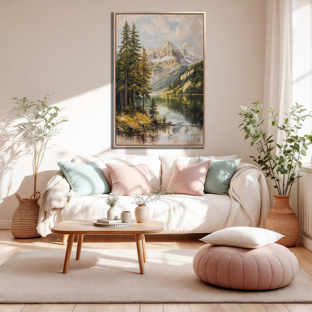 Framed Wall Art: Mountain landscape canvas print in warm, neutral tones. Perfect for adding a touch of nature and elegance to your home decor.