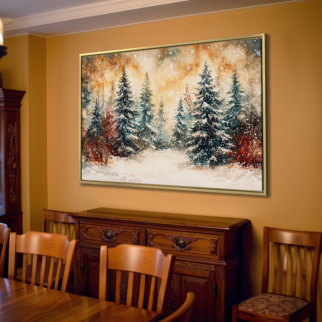 Canvas Print of a winter forest scene in watercolor style. Warm neutral tones with pops of blue and red. Perfect for cozy decor.