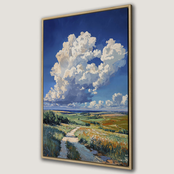 Framed Wall Art: Landscape painting of a sunlit field and dramatic cloudscape, in a vibrant blue, green, and yellow palette. Perfect for adding a touch of nature.