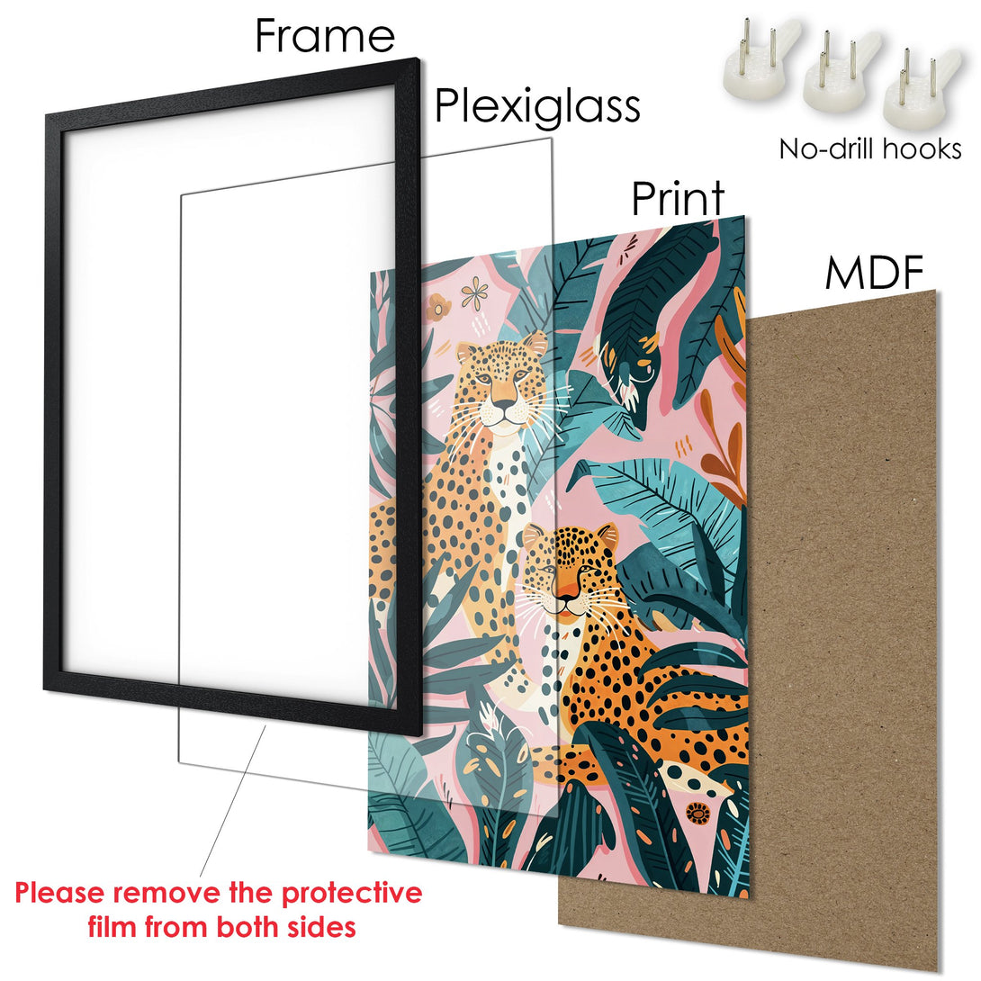 Framed Poster featuring a leopard print in a botanical style with a pink, teal, and orange color palette. Perfect wall art!