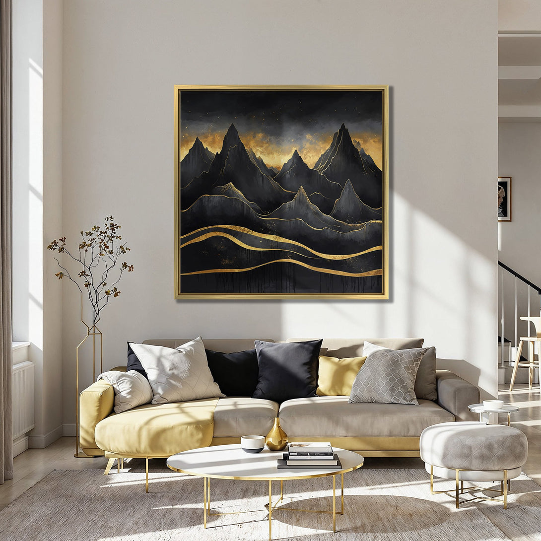 Abstract mountain Canvas Print in black and gold, displayed in a modern interior. Adds a touch of elegance and sophistication to any space.