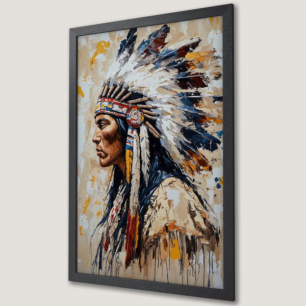 Framed Poster: Native American portrait, expressive brushstroke style, earthy tones with pops of color. Perfect wall art for any space.