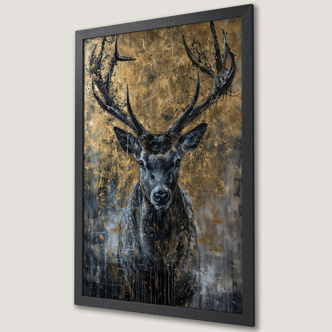 Framed Poster featuring a majestic stag. Abstract style with gold, black, and gray color palette. Perfect wall art for a modern interior.