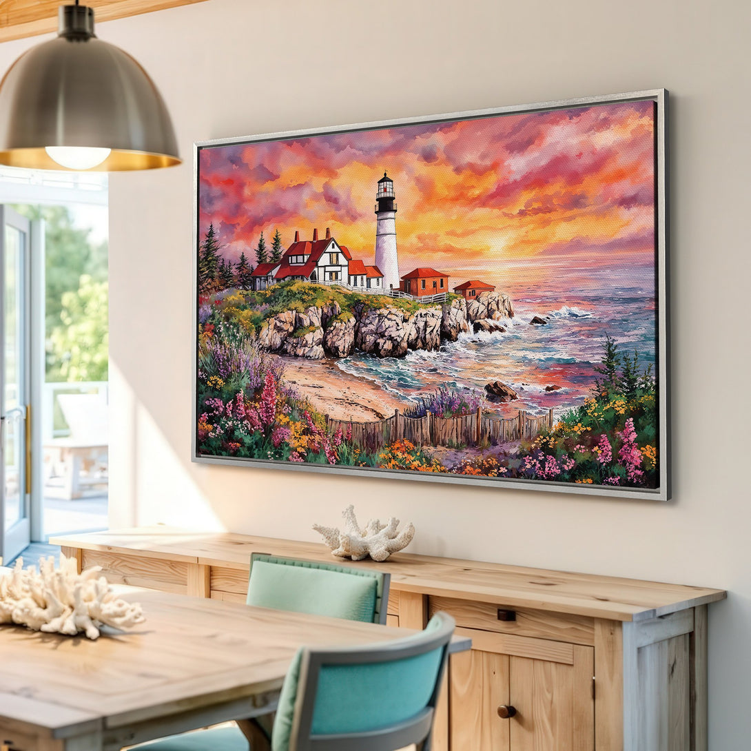Framed Wall Art: Coastal lighthouse painting with vibrant sunset colors. A beautiful canvas print for your home. Enhance your decor with this stunning artwork.