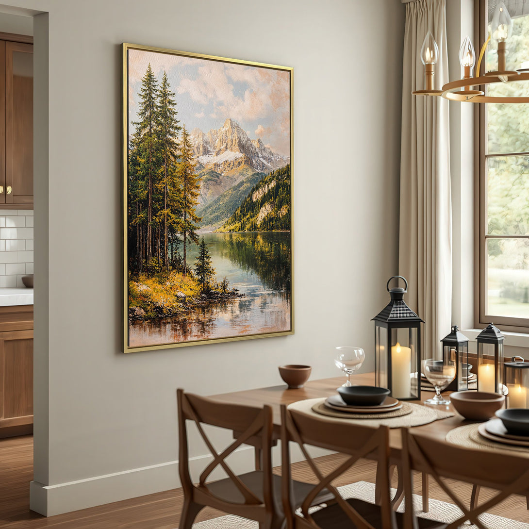 Canvas Print of a serene mountain lake landscape in a warm, neutral color palette. Perfect for adding a touch of nature to your home.