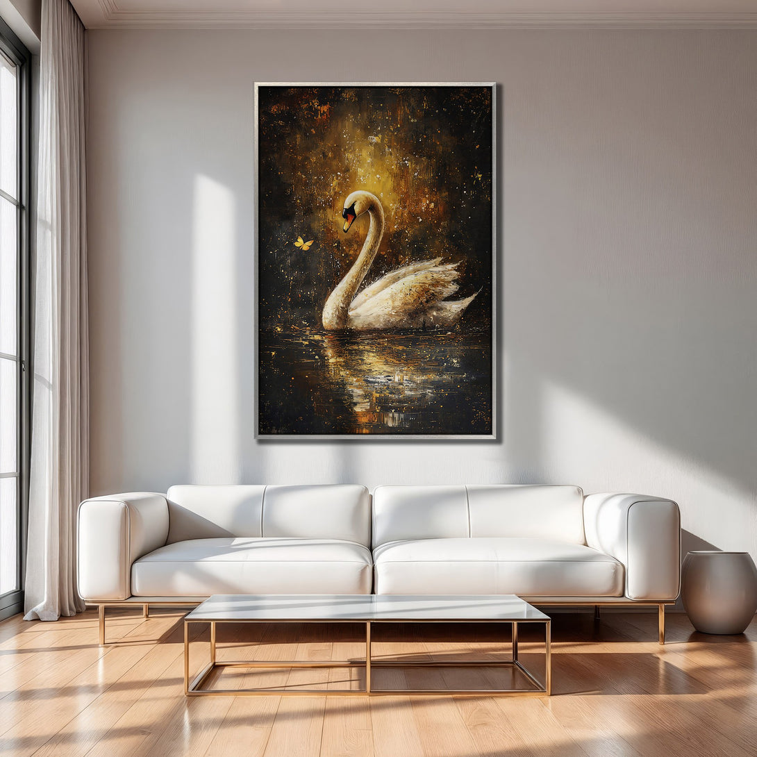 Framed Wall Art: Elegant swan painting in gold and black tones. Perfect for modern decor. Enhance your space with this stunning canvas print!