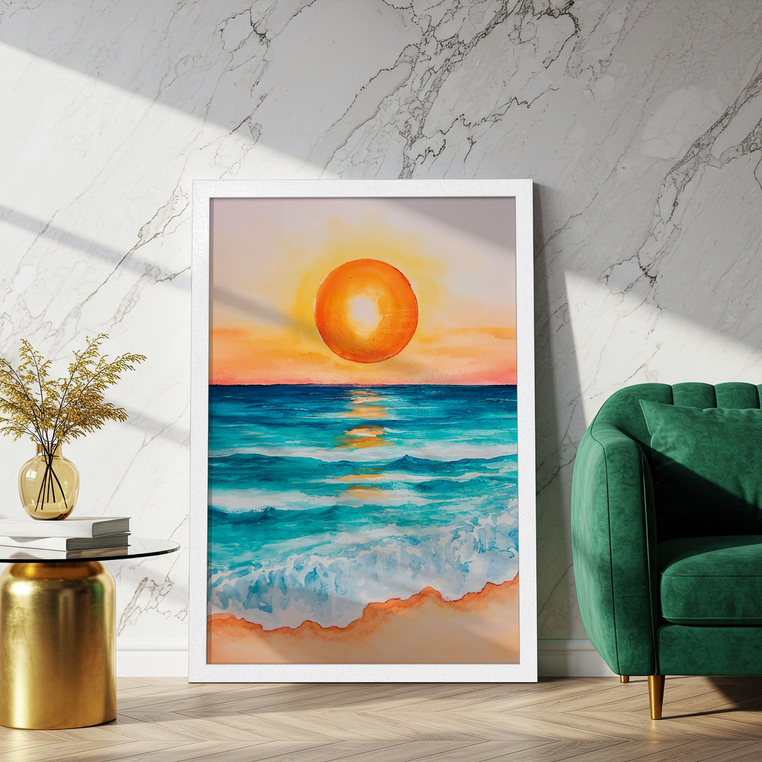 Framed Poster of a watercolor sunset over the ocean, featuring vibrant orange, blue, and teal hues. Perfect wall art for coastal decor.