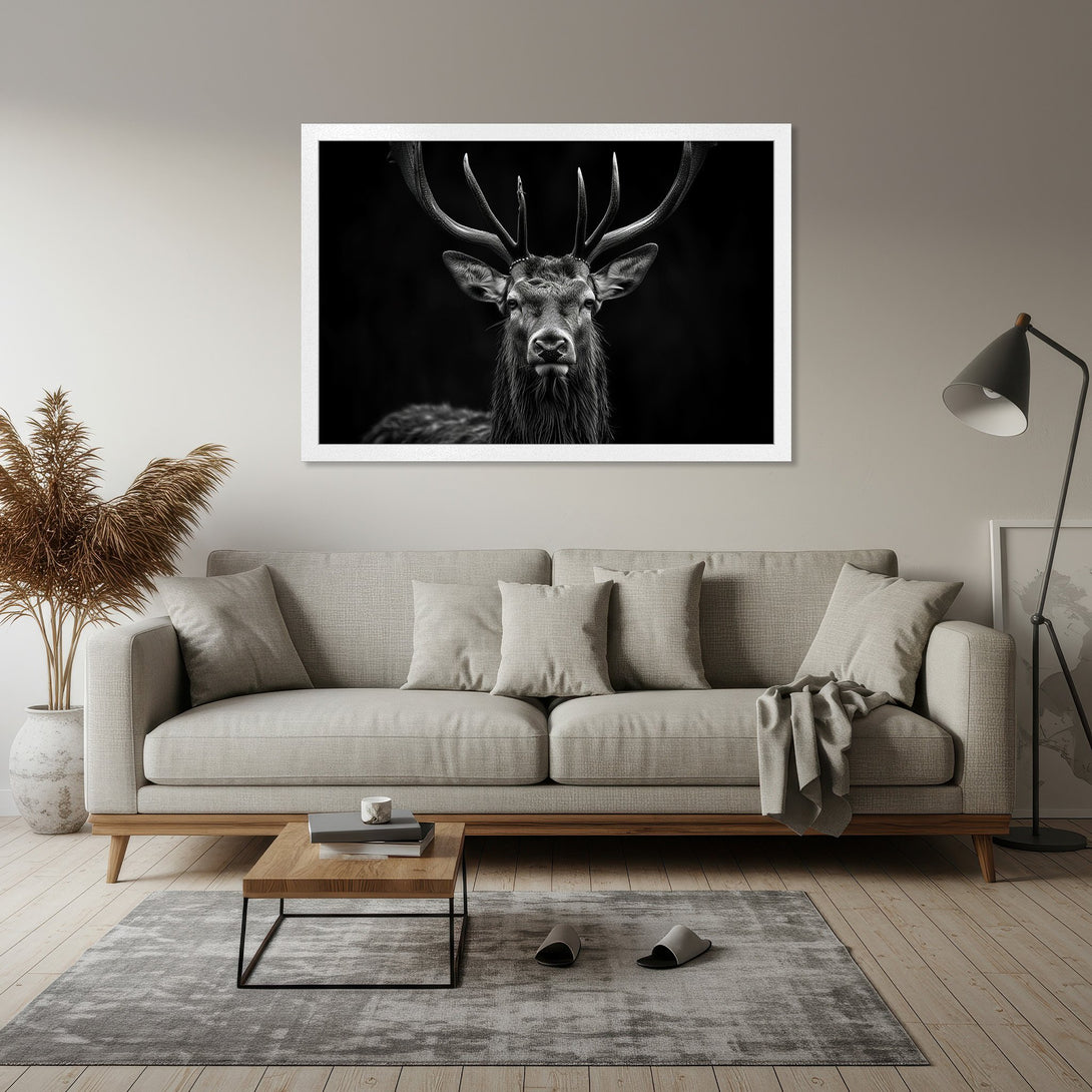 Framed Poster featuring a majestic stag in black and white, perfect for adding a touch of nature and elegance to your home decor.