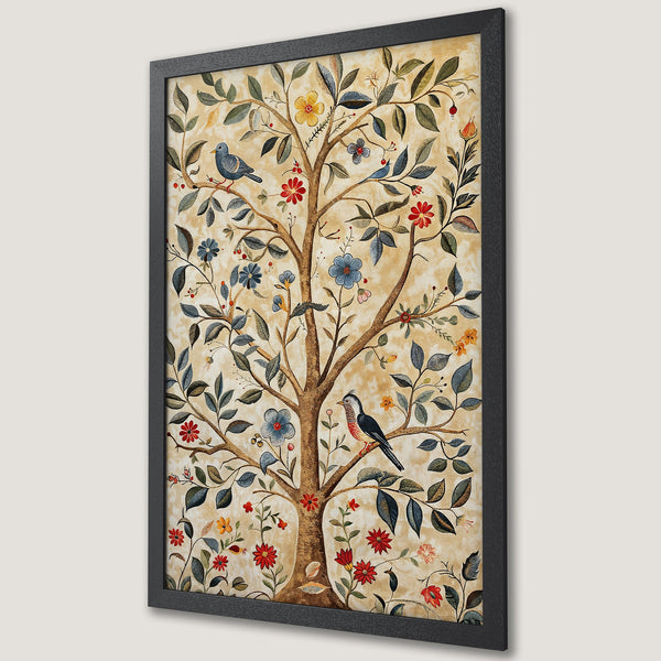 Framed Poster featuring a whimsical tree with birds and flowers. Vintage style, warm beige, red, and blue color palette. Perfect wall art.