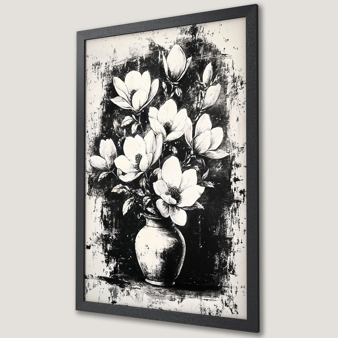 Framed Poster featuring a floral still life in black and white, perfect for modern home decor.