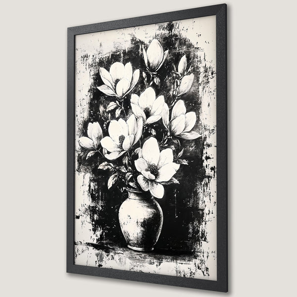 Framed Poster featuring a floral still life in black and white, perfect for modern home decor.