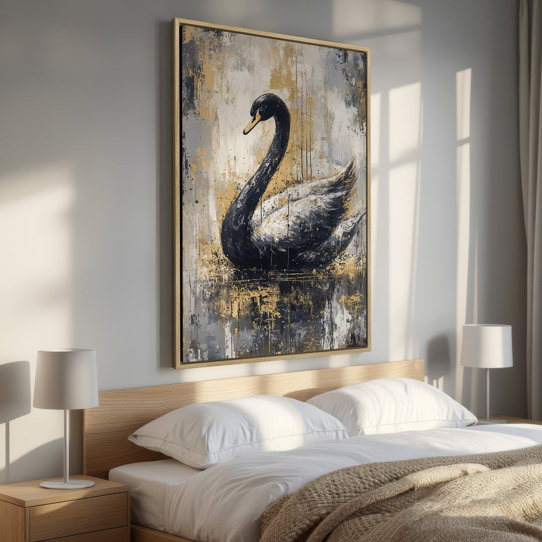 Framed Wall Art: Elegant black swan painting with gold accents. Modern art canvas print in a neutral color palette, perfect for bedroom decor.