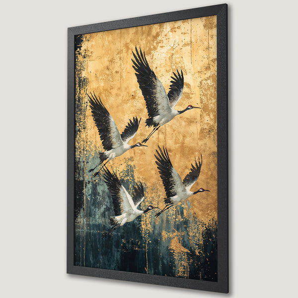 Framed Poster featuring cranes in flight, abstract style, with gold, teal, and black color palette. Perfect wall art.