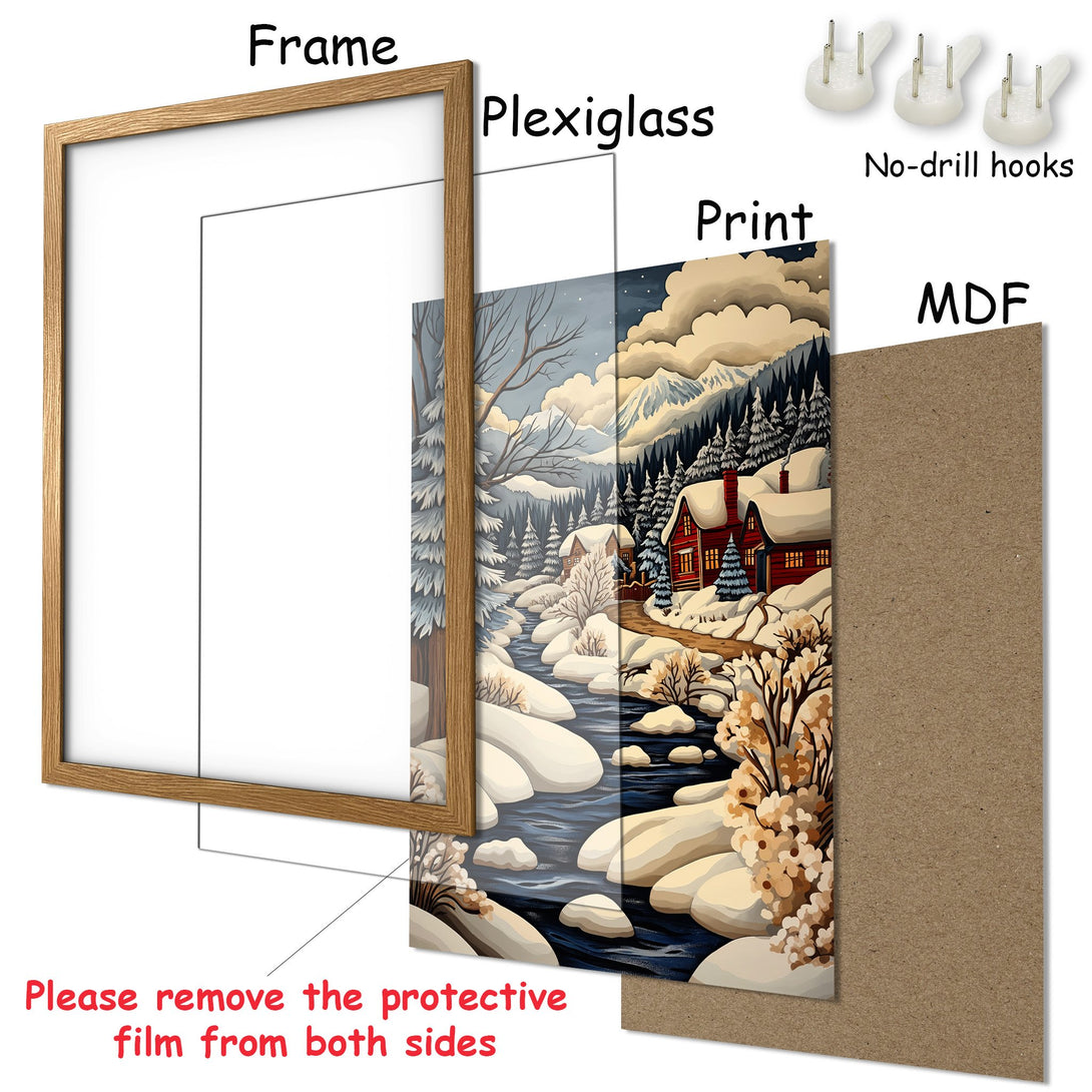 Framed Poster featuring a winter landscape scene. Rustic style with a warm, inviting color palette of blues, browns, and reds. Perfect wall art!
